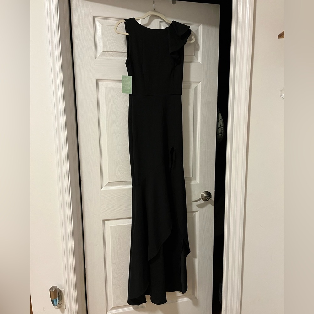 Ruffle shoulder detail trumpet bottom black maxi dress